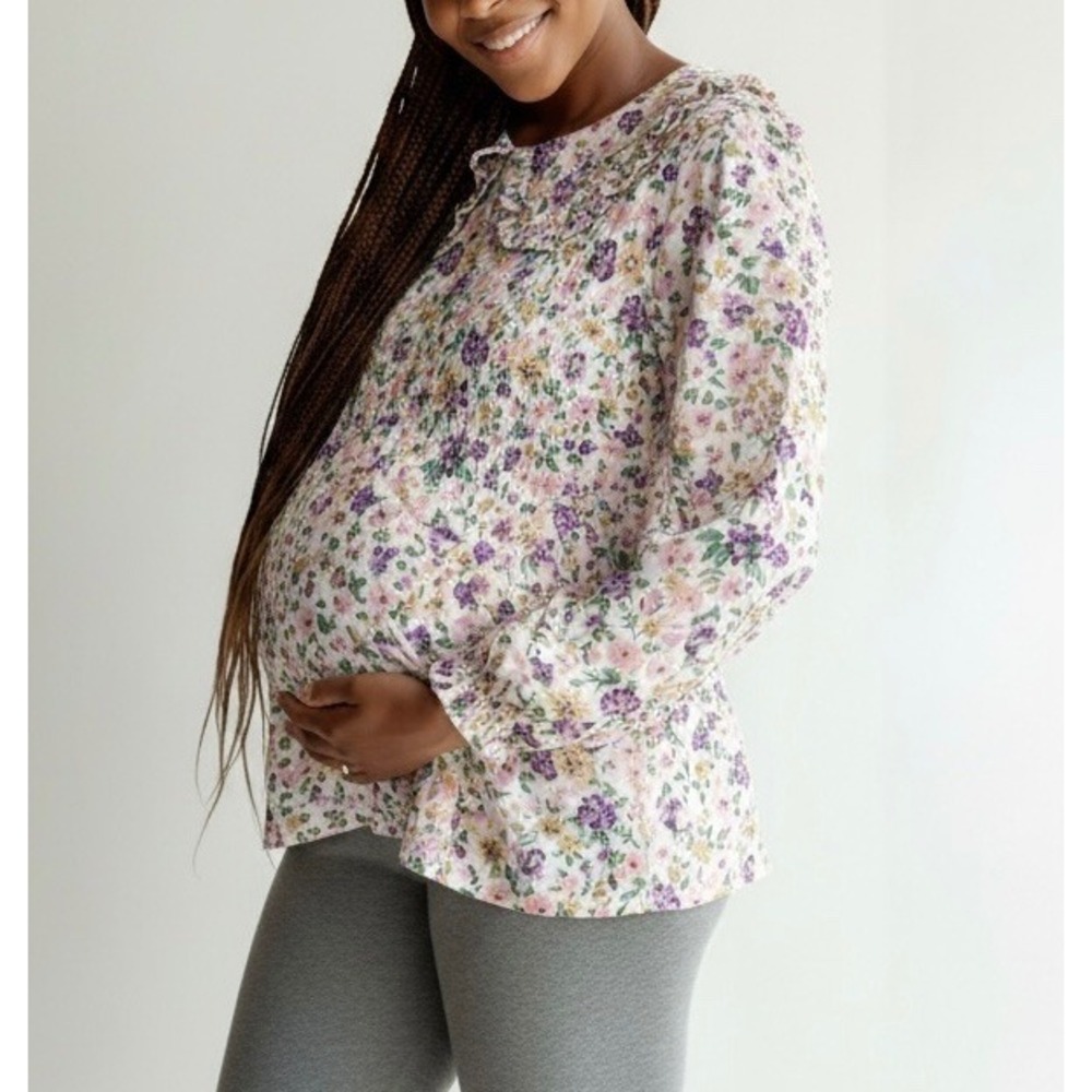 Pieces Maternity Smock Top L Multicolor Floral Smocked‎ Ruffle Collar Romantic